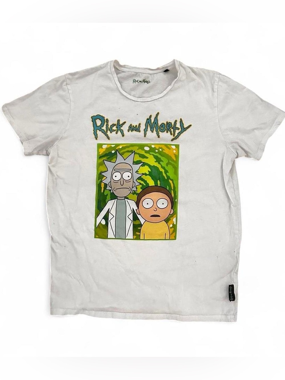 Rick and Morty woman’s Graphic Tee - White with Green Portal Print sz XS